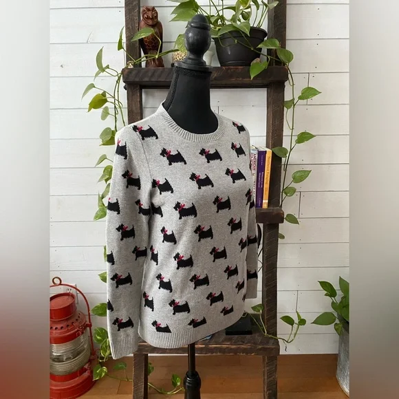 Charter Club: Gray Knit Crew Neck Sweatshirt Western Terrier Dogs with Red Bows - Picture 17 of 17